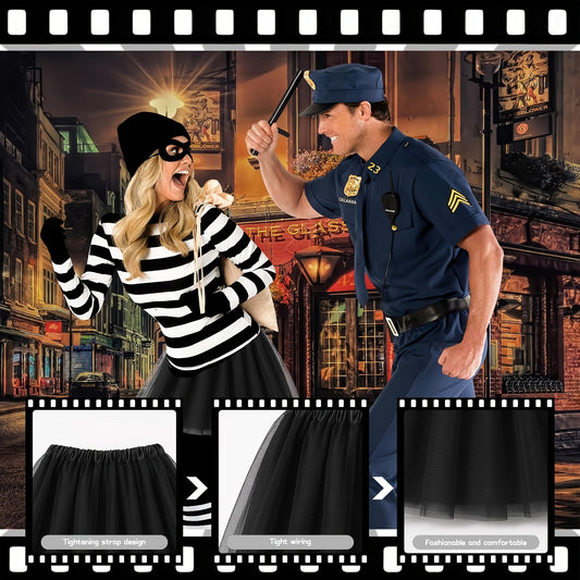 6pcs Women Robber Costume Set - Black Beanie, Gloves, Eye Mask, Striped Socks, Tutu Skirt, Canvas Money Bag for Halloween, Cosplay, and Fancy Dress Parties, Adult Halloween Costume | Playful Accessories | Polyester Fiber, Hal