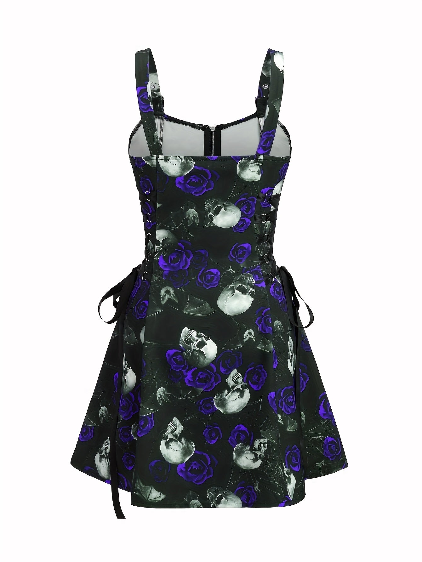 Women'S Gothic Rose Print Midi Dress with Back Zipper and Corset Detail - Casual Sleeveless A-Line Skirt, Black with White Floral Pattern, Elegant Halloween Attire