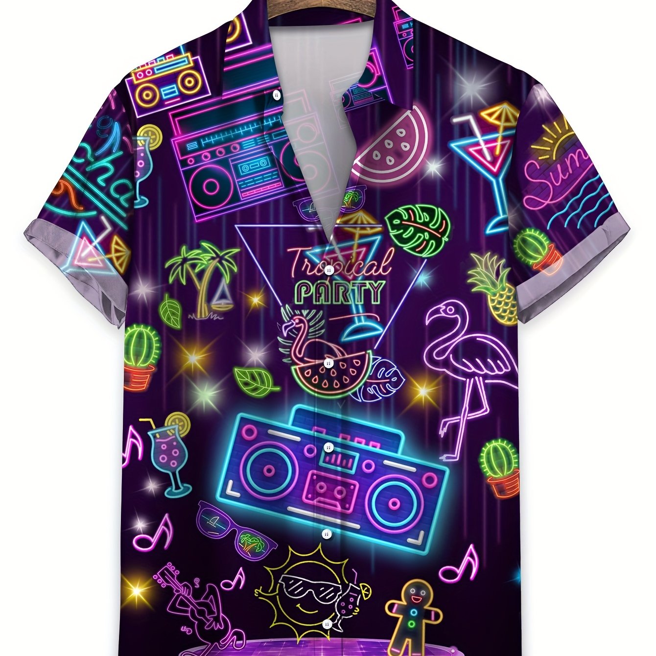 Men'S Casual Tropical Party Neon Graphic T-Shirt - Short Sleeve, Summer Vacation Shirt with Palm Trees, Flamingos, and Music Notes Design, Casual Attire|Tropical Theme|Polyester Fabric
