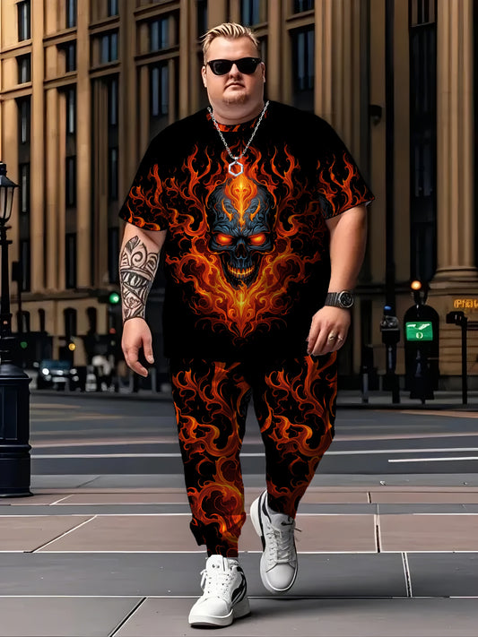 Men's Large Size Round Neck 3D Printed Slim Fit Fiery Skull Personality Free and Bold Att! Fashionable and Trendy Versatile Plus Size Men's Round Neck Casual T-shirt and Pants Set, Tall Men's Two-Piece Set, Outdoor Leisure En