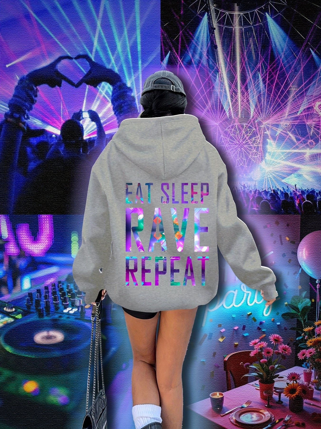 Plus Size, Women's Plus Size "EAT SLEEP RAVE REPEAT" Graphic Hoodie - Music Festival Print with Colorful Lights & DJ Design, Cozy Drawstring Hooded Sweatshirt for Winter & Autumn, Machine Washable Casual Pullover