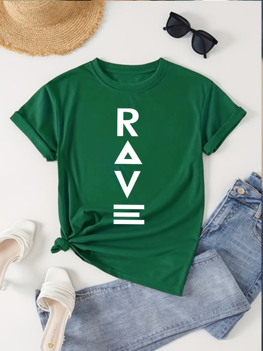 1pc Women's Crewneck T-Shirt - Black with White RAVE Typography Print, Techno Music Inspired Design, Casual Short Sleeve Tee for EDM Festivals & Summer Outings, Machine Washable, Exclusive Deal of the Day Gift Idea, T-shirt S