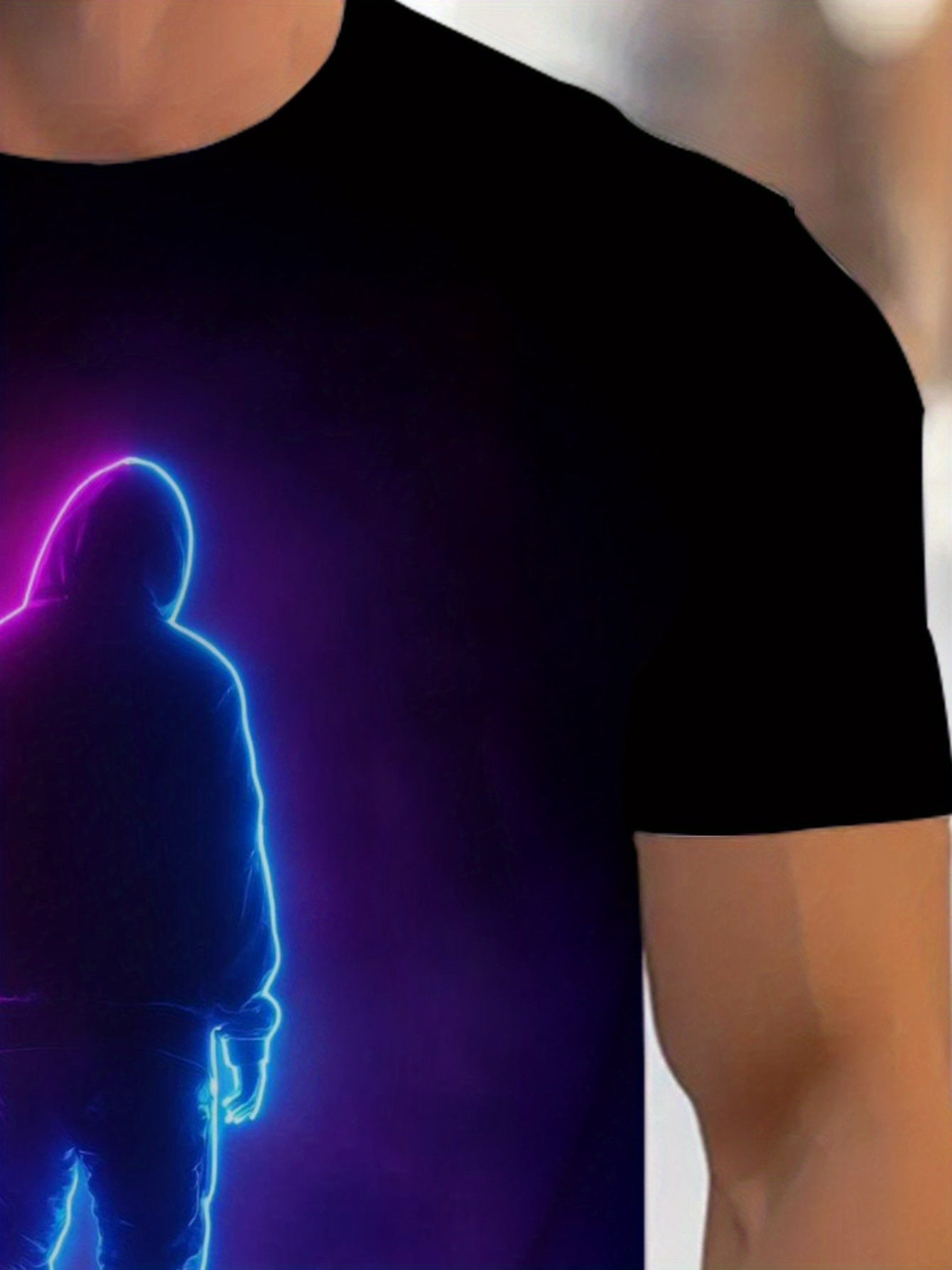 Men'S Neon Silhouette Graphic T-Shirt - Trendy Black Casual Sport Tee with Vibrant Pink & Blue Glow Design, Short Sleeve, Round Neck, Perfect for Everyday Wear, Everyday Tshirt | Trendy Casual Shirt | Stretchy Fabric