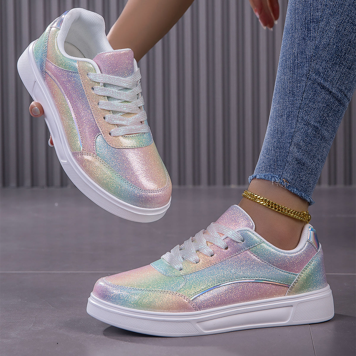 Vibrant Rainbow Holographic Sequin Womens Sneakers - Lightweight, Breathable, Fabric Lined, PU Sole, Microfiber Synthetic Leather Upper - Perfect for Casual, Party, Wedding, Streetwear, and Trendy Fashion Enthusiasts