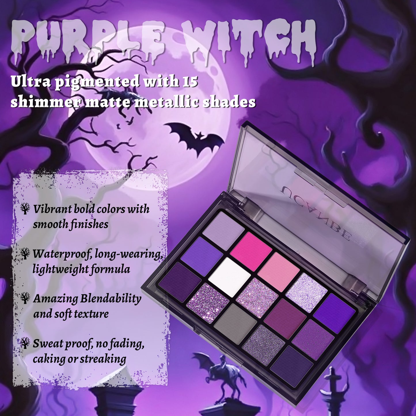 UCANBE Purple Eyeshadow Makeup Palette, 15 Colors Dark Smokey Shimmer Matte Metallic Glitter Eye Shadow Pallet, Violet Lavender Pink Make Up Kit for Cosplay Halloween Ursula Witch Costume Parties, Carnival/Mardi Gras/Masquera