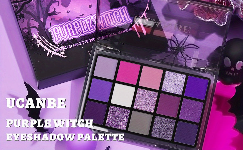 UCANBE Purple Eyeshadow Makeup Palette, 15 Colors Dark Smokey Shimmer Matte Metallic Glitter Eye Shadow Pallet, Violet Lavender Pink Make Up Kit for Cosplay Halloween Ursula Witch Costume Parties, Carnival/Mardi Gras/Masquera