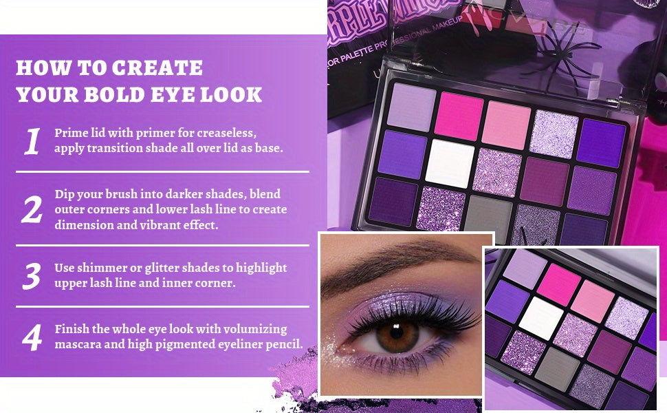UCANBE Purple Eyeshadow Makeup Palette, 15 Colors Dark Smokey Shimmer Matte Metallic Glitter Eye Shadow Pallet, Violet Lavender Pink Make Up Kit for Cosplay Halloween Ursula Witch Costume Parties, Carnival/Mardi Gras/Masquera