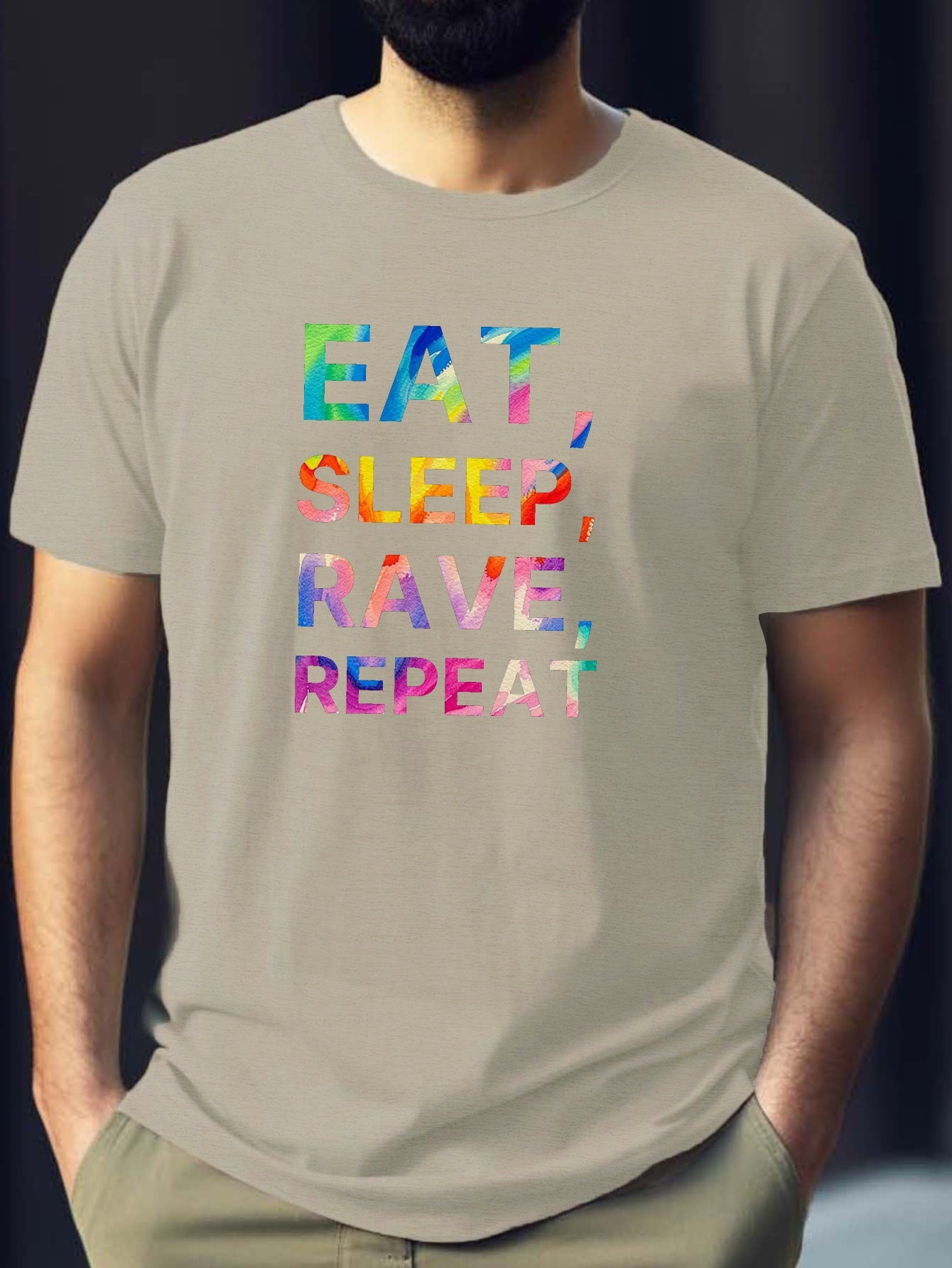 Eat Sleep Rave Repeat Letter Print Men's Summer Short Sleeve Crew Neck Tees, Breathable Polyester Fabric T-shirt, Casual Comfortable Versatile Top For Everyday Wear