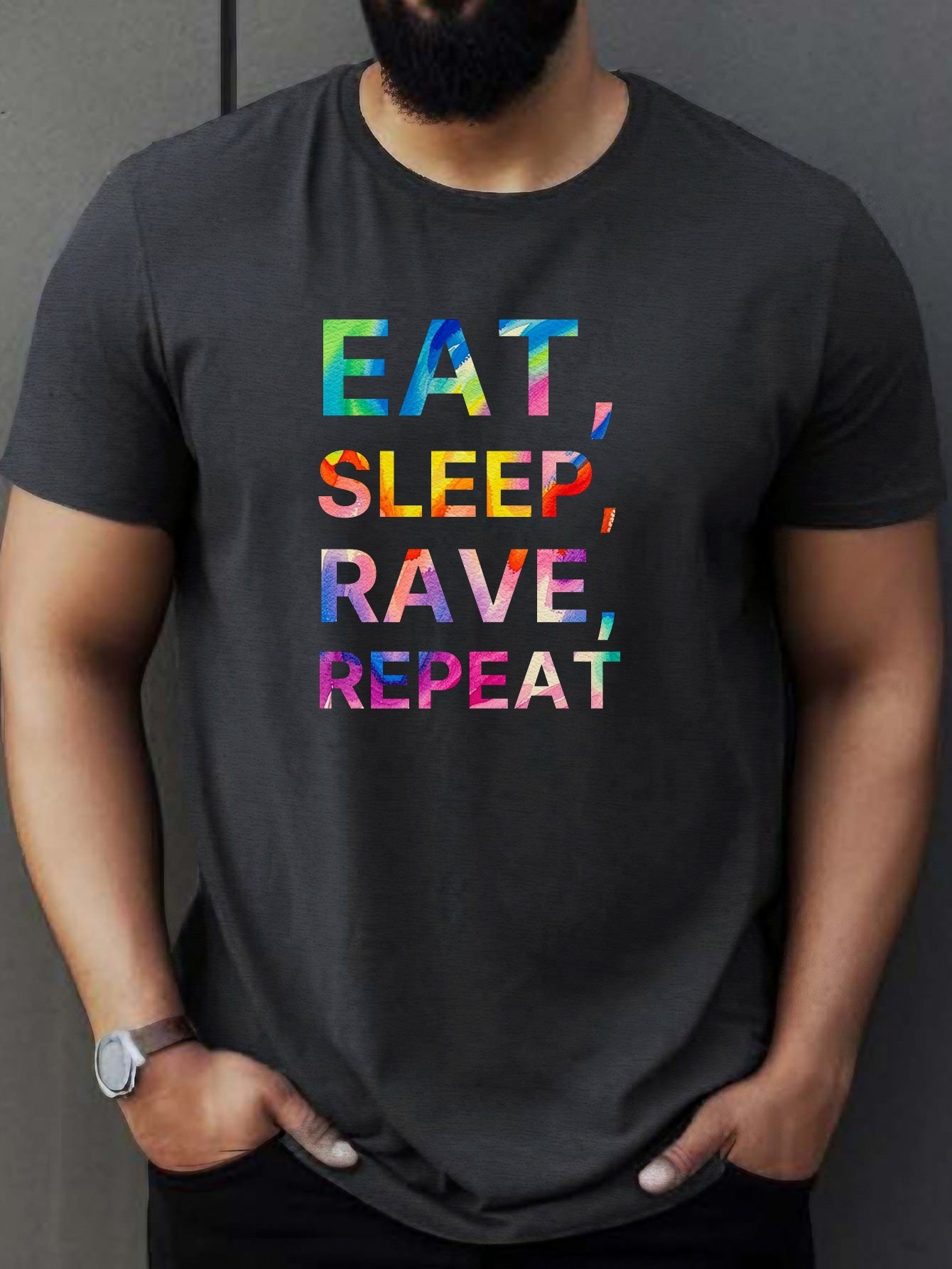 Eat Sleep Rave Repeat Letter Print Men's Summer Short Sleeve Crew Neck Tees, Breathable Polyester Fabric T-shirt, Casual Comfortable Versatile Top For Everyday Wear