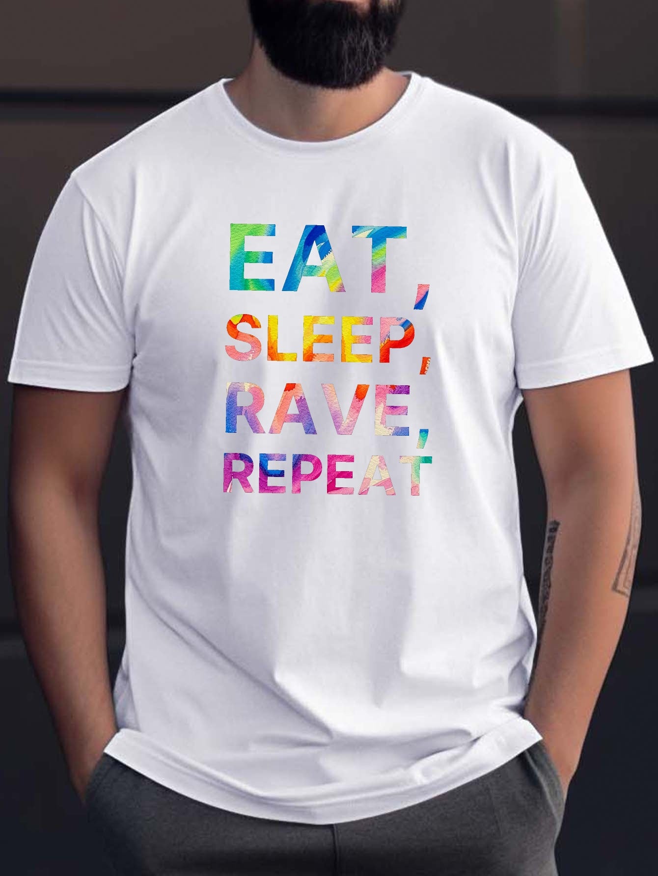 Eat Sleep Rave Repeat Letter Print Men's Summer Short Sleeve Crew Neck Tees, Breathable Polyester Fabric T-shirt, Casual Comfortable Versatile Top For Everyday Wear
