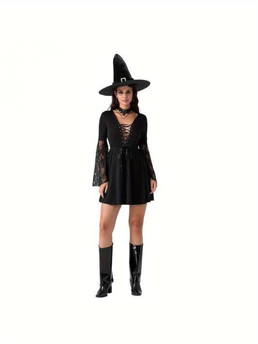 Women'S Halloween Witch Costume - Sexy Gothic party dress with Lace Flare Sleeves, Cross Tie Front, A-Line Silhouette - Elegant Witch Outfit for Halloween, Themed Events, Cosplay - All-Season Formal Attire, Halloween Clothes,