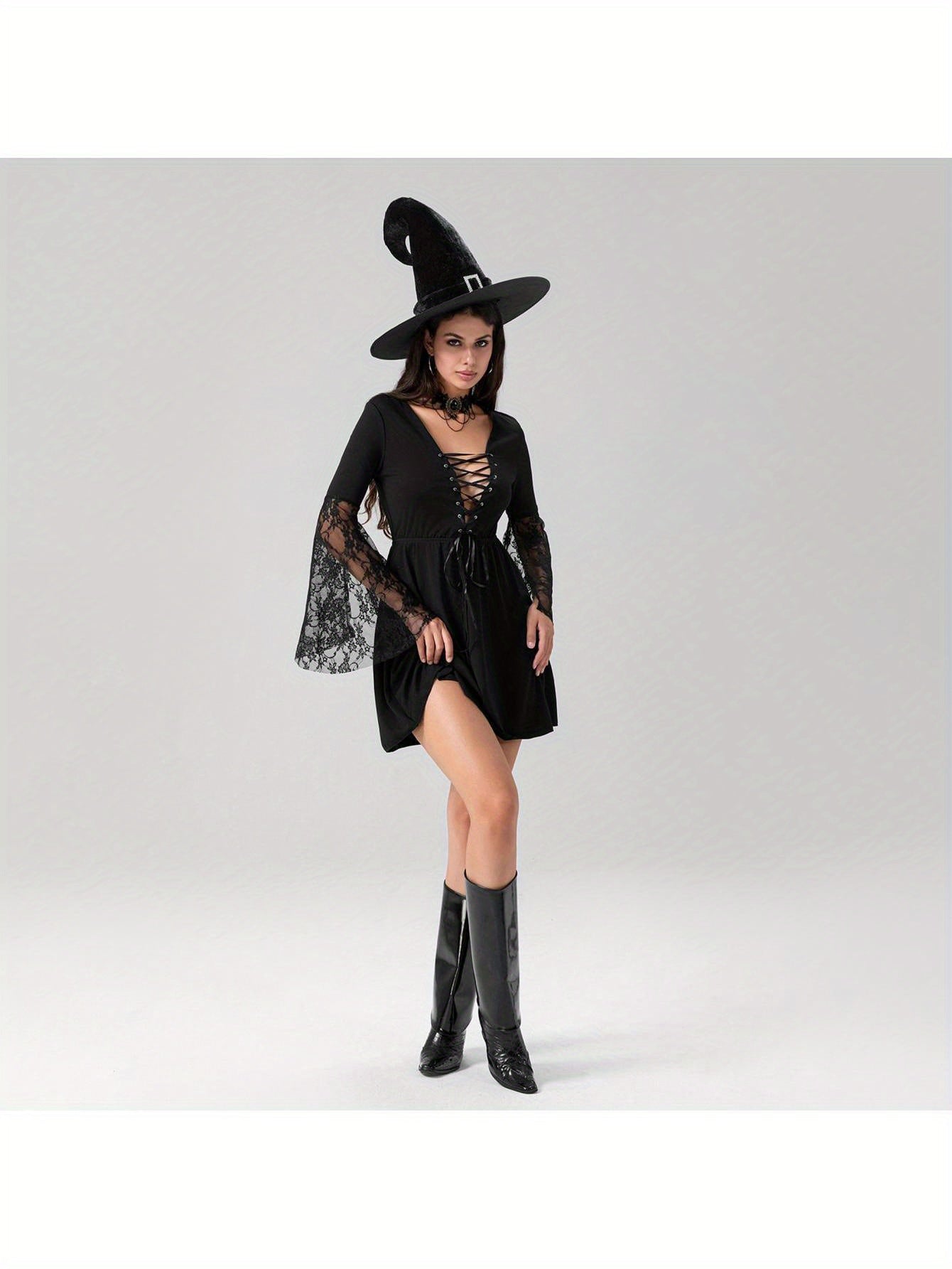 Women'S Halloween Witch Costume - Sexy Gothic party dress with Lace Flare Sleeves, Cross Tie Front, A-Line Silhouette - Elegant Witch Outfit for Halloween, Themed Events, Cosplay - All-Season Formal Attire, Halloween Clothes,