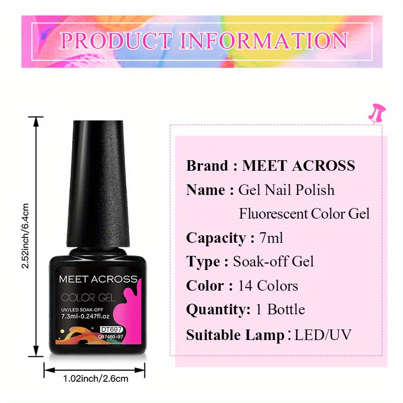 MEET ACROSS 14 Colors Fluorescent Neon Gel Nail Polish - Semi-Permanent Soak Off LED/ Curable, & Fragrance-Free Nail Art Manicure Varnish for Vibrant Glossy Finish, Highshine Nails, Professional Quality, Salon Professionals