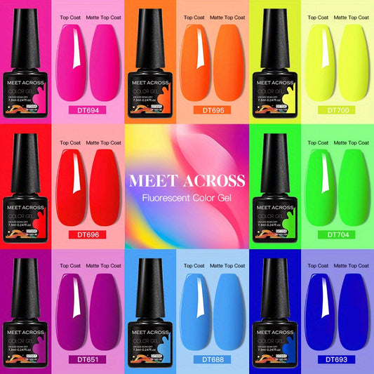MEET ACROSS 14 Colors Fluorescent Neon Gel Nail Polish - Semi-Permanent Soak Off LED/ Curable, & Fragrance-Free Nail Art Manicure Varnish for Vibrant Glossy Finish, Highshine Nails, Professional Quality, Salon Professionals