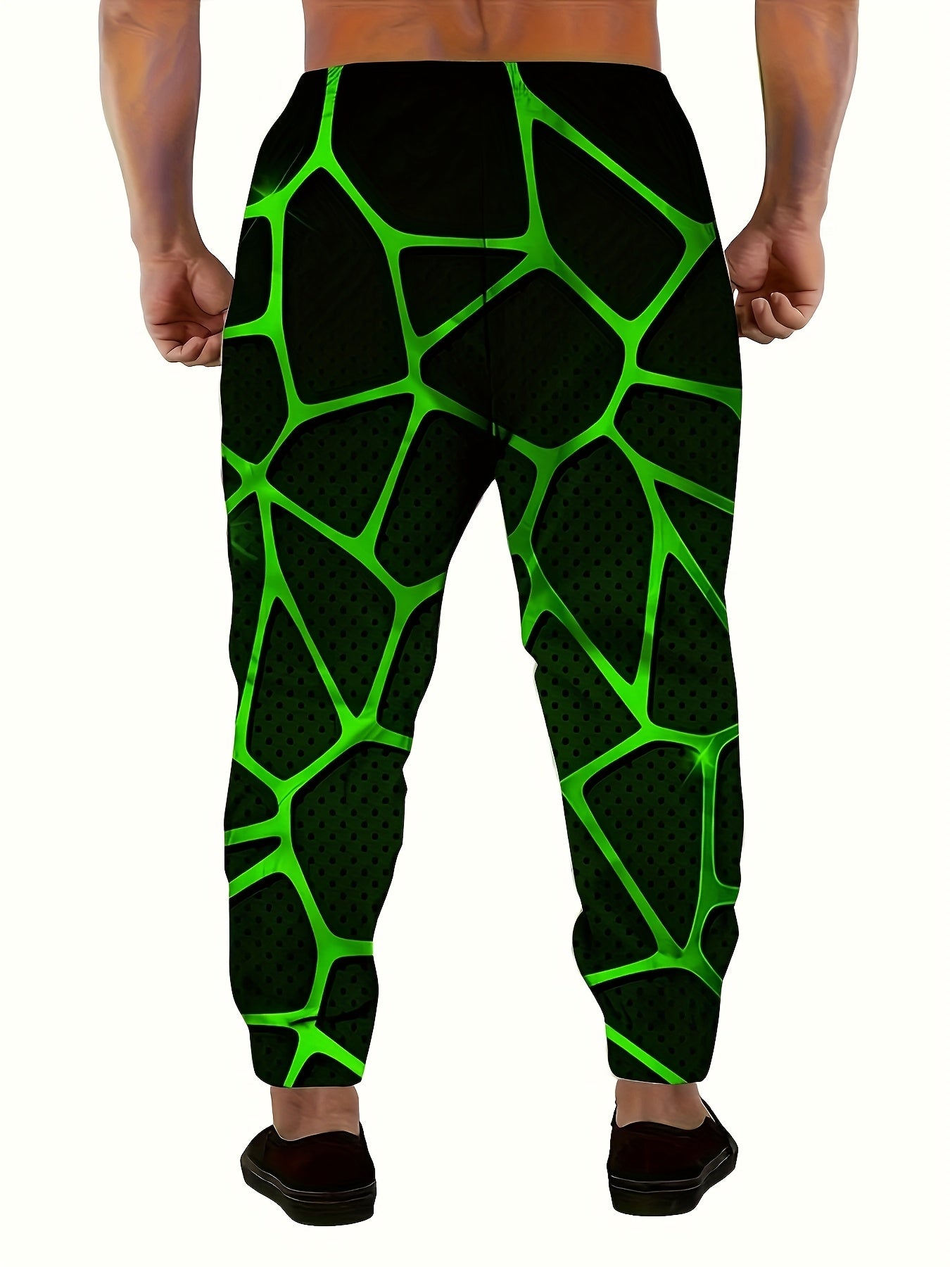 Men'S 3D Geometric Abstract Print Joggers with Drawstring Waist & Pockets - Vibrant Neon Green & Black Design, Comfortable Casual Sweatpants for Home & Leisure, Jogging Pants, Leisure Wear, Modern Streetwear, Durable Fabric