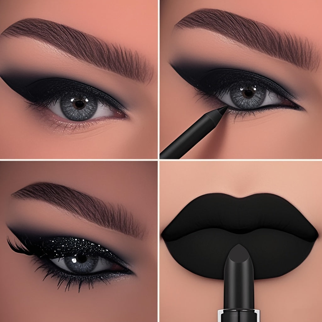 3pcs/SET makeup set: lipstick + eyeliner + eyeshadow, black series, matte waterproof lipstick, black waterproof eyeliner, shiny liquid pearlescent eyeshadow, match to create a black punk makeup, perfect for Halloween