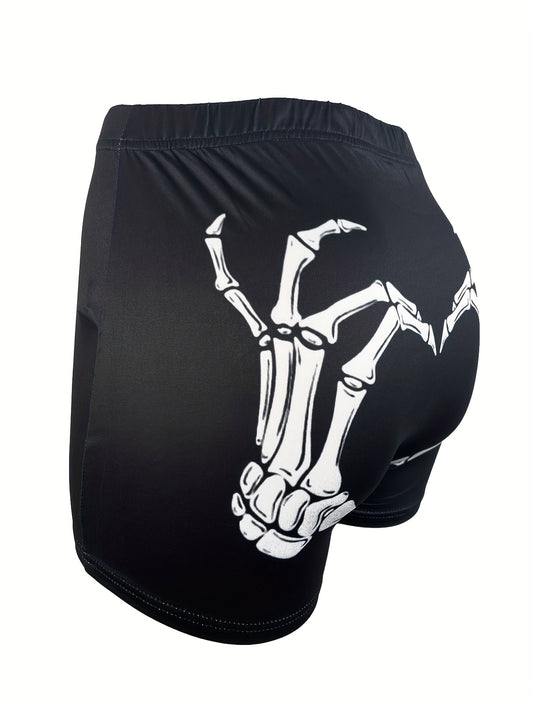 Skeleton Finger Print Skinny Shorts, Casual Shorts For Spring & Summer, Women's Clothing
