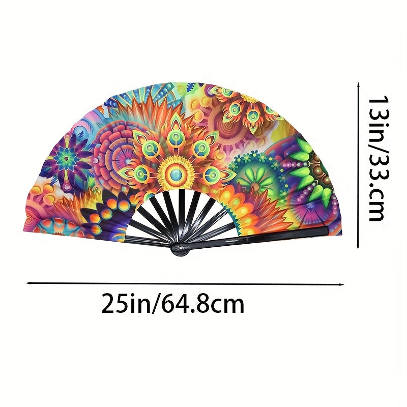 Large Fluorescent Kung Fu Folding Fan - Vibrant Multicolor Feather Design, Foldable Battery-Free Fan for EDM Festivals, Drag Queen Performances, Parties & Events