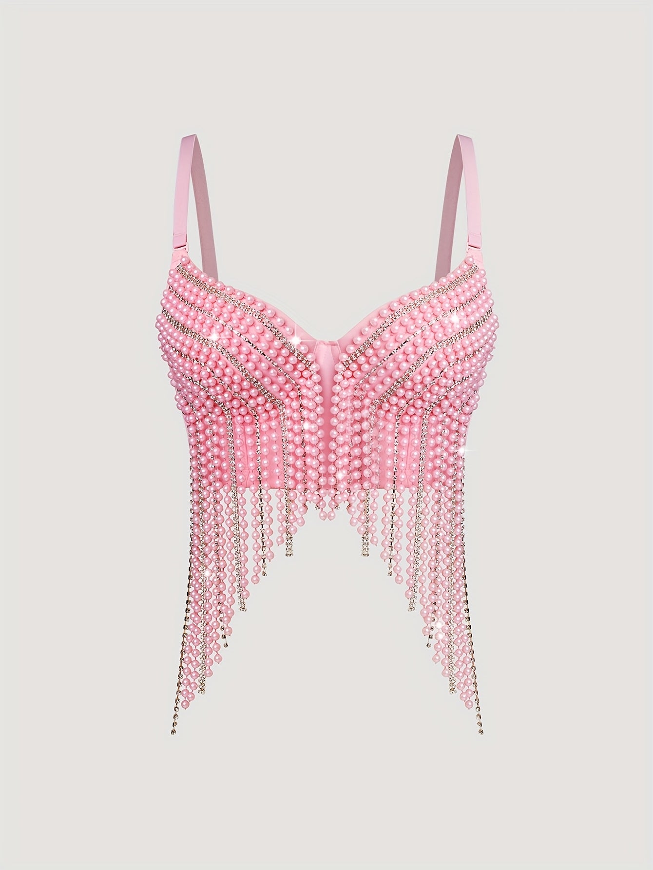 Sexy Fishbone Corset Top with Pearl Embellishments & Tassel Details - Vibrant Pink Stretchy Spaghetti Strap Bustier for Nightclub, Concert, Festival - Versatile All-Season Women's Fashion, Concert Attire, Elegant Style, Styli