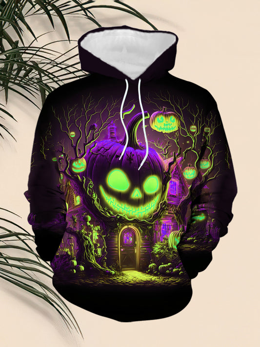 Men's Halloween Hoodie - Pumpkin Graphic Pullover Sweatshirt with Glowing Jack-O'-Lanterns, Hooded Long Sleeve Hoodie for Costume Parties & Casual Attire (Machine Washable) - Fall & Spring Outfits