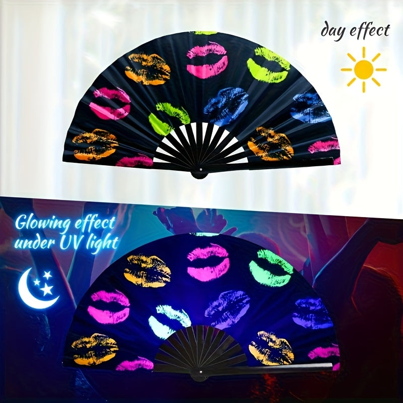 13 - Inch Reactive Bamboo Folding Fan with Vibrant Lip Print Design - Glow in The Dark Party Accessory for EDM, Dance Festivals, Club Events and Women'S Fashion, Nightlife Gear, Tropical Vibe Accessory