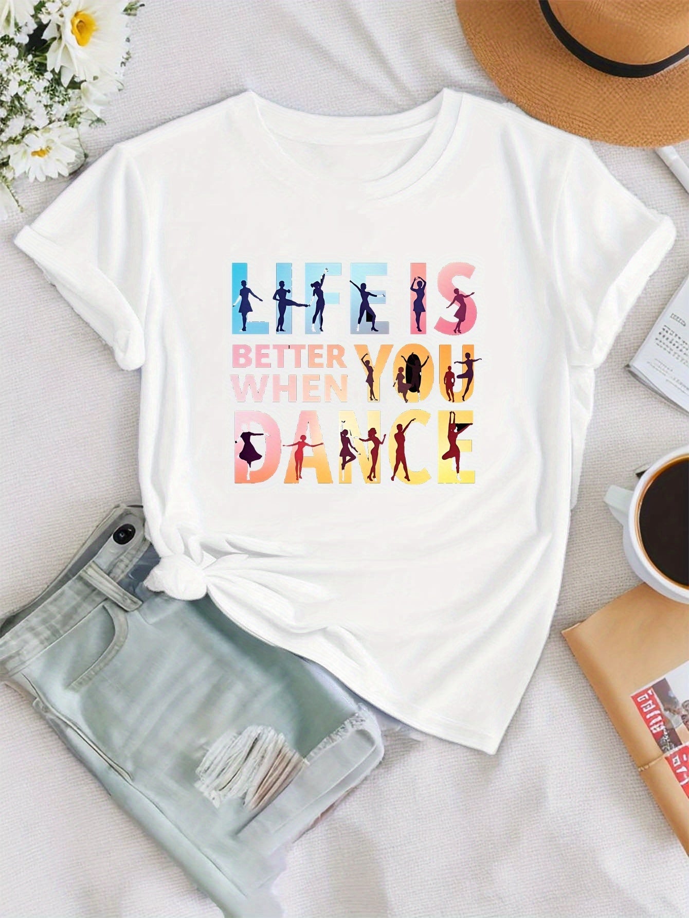 Women'S "Life is Better When You Dance" Graphic Tee - Casual Crew Neck Short Sleeve Top, Vibrant Geometric Print, Polyester Blend, Perfect for Spring & Summer, Dance Clothing