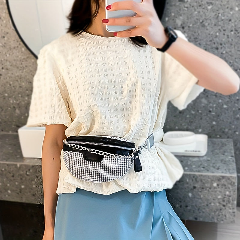 Shining Rhinestone Waist Bag, Bling-Bling belt bag for Women, Trendy Chain Decor Crossbody Chest Bag Bum Bag belt bag