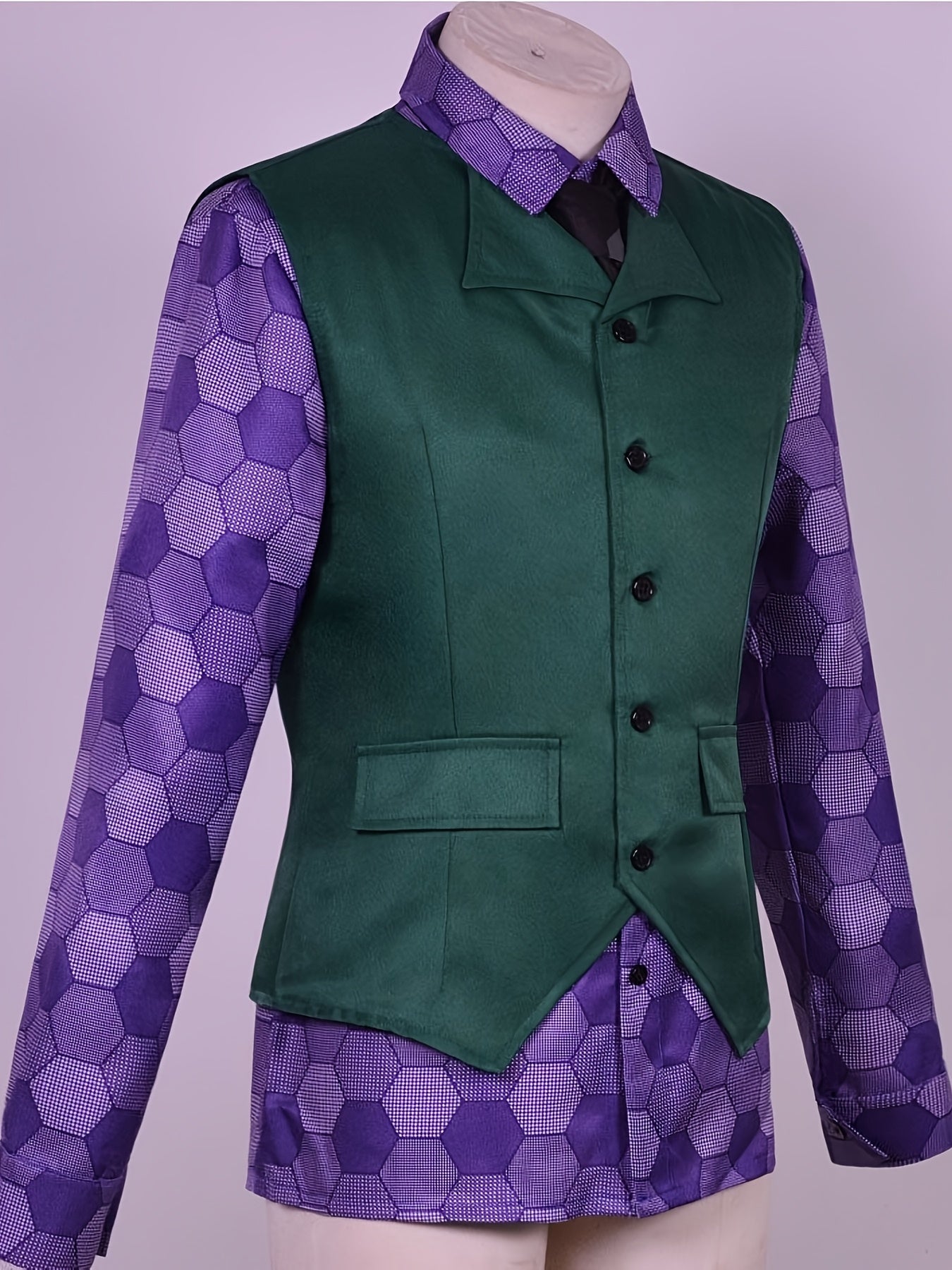 Halloween Men'S Fashion Purple Clown Six-Piece Set, Complete with Meticulously Crafted Scary Party Clown Outfit Including Long Coat, Shirt, Vest, Trousers, Tie, And Gloves.