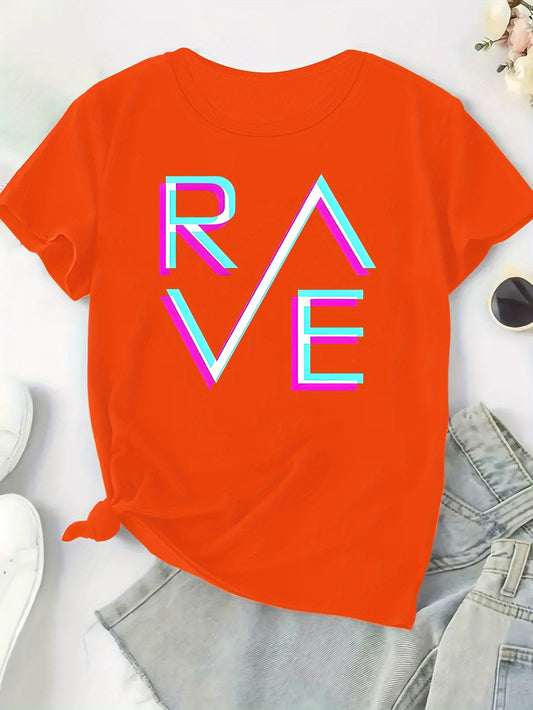 Plus Size, Women's Plus Size T-Shirt - Bright Orange with Neon BLUE-PINK RAVE Graphic - Stretchy Fabric Casual Party Outfit for Concerts, Clubwear - Everyday & Special Occasion Tops - Machine Washable All-Season Women's Cloth
