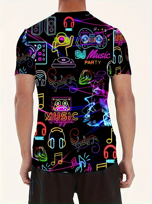 Men'S Retro Party Night T-Shirt - Vibrant Neon Music & DJ Design, Polyester, Short Sleeve Crew Neck - Machine Washable, All-Season Casual Tee with "PARTY NIGHT" Print, Ideal for Parties & Casual Attire, Summer Tee|Discothemed