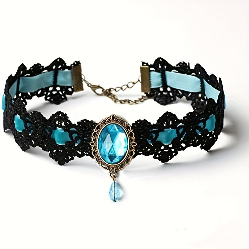 Gothic Lace Choker Necklace with Rhinestone, Adjustable Clavicle Jewelry, Women'S Fashion Collar, Gift for Parties, Halloween, All-Season Accessory