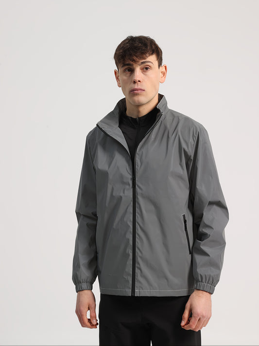 Men's Lightweight Windproof Softshell Jacket with Reflective Accents - Stand Collar Cycling Coat for Night Riding, Hiking & Running, Full-Zip Outdoor Casual Coat, Regular Fit, Spring/Autumn, Solid Color, Mountain Bike Clothes