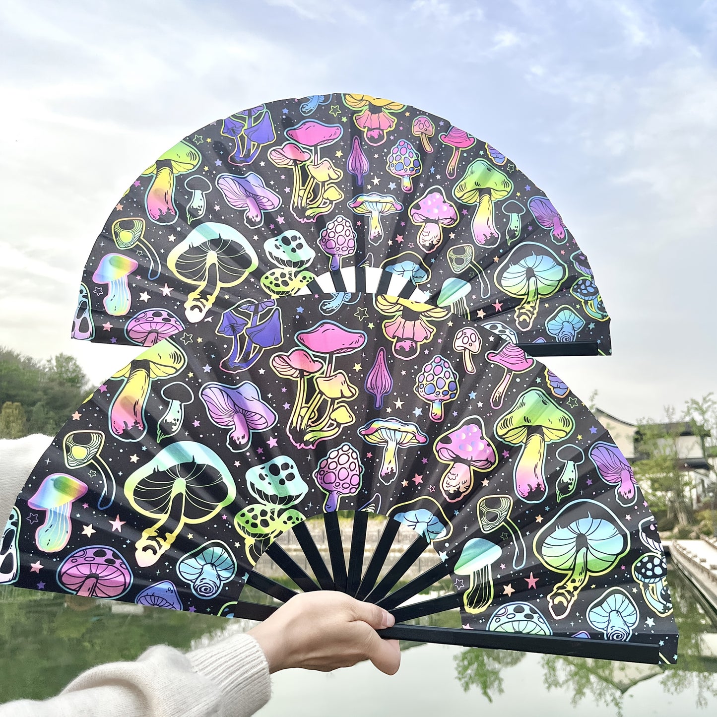 33.02cm UV Glow Carnival Folding Fan - Vibrant Neon Mushroom & Butterfly Design, Durable Plastic, Perfect for Parties, Festivals, and Gifts, Handheld & Button Operated, Festive Accessory | Glow Party Fan | Durable Plastic Fan