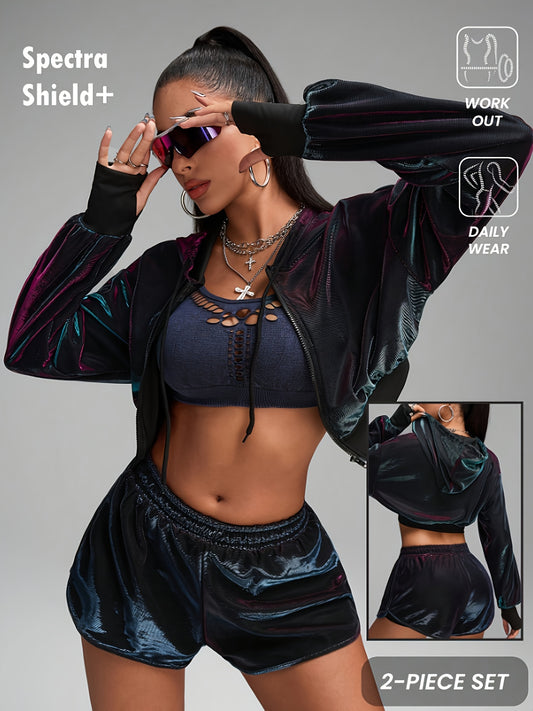 2pcs Women's Sportswear Set in Metallic Fabric with Purple and Blue Glossy Color Change, Sports Jacket, Sweatshirt, Top, Lightweight Portable Travel Outfit, Fashionable Unique Activewear for Hiking, Climbing, Volleyball, Outd