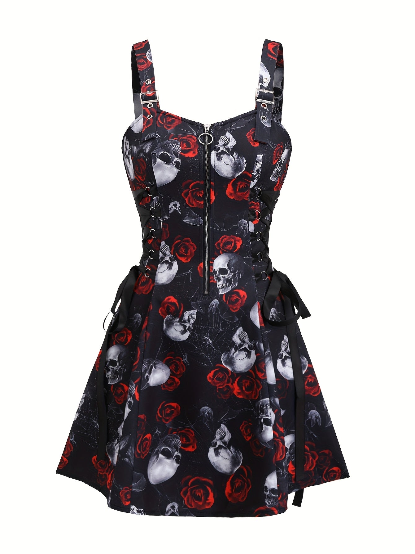 Women'S Gothic Rose Print Midi Dress with Back Zipper and Corset Detail - Casual Sleeveless A-Line Skirt, Black with White Floral Pattern, Elegant Halloween Attire