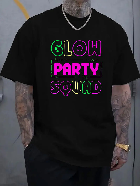 Glow Party Squad Men'S Casual Short Sleeve T-Shirt - Vibrant Neon Green & Orange Print, Breathable Knit Fabric, Round Neck Summer Top for Outdoor Activities & Casual Wear, Glossy Finish Shirt