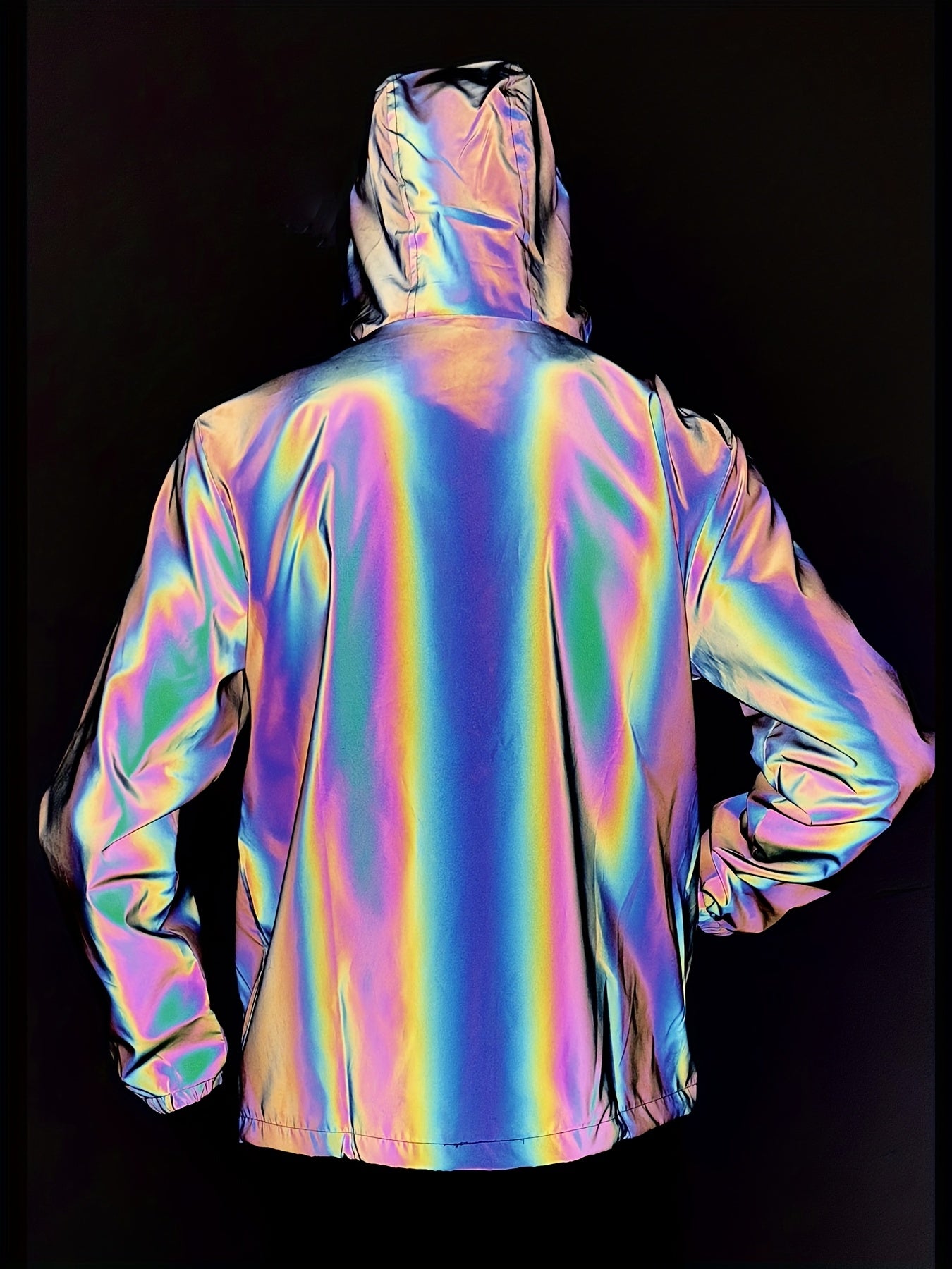 Men'S Reflective Rainbow Hooded Jacket - Stylish Casual Streetwear with Zipper Front, Long Sleeves, and Pockets for Spring & Fall, Spring Jacket | Iridescent Finish | Glossy Finish, Reflective Jacket