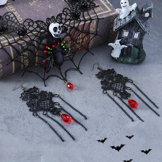 Gothic Punk Handcrafted Halloween Jewelry Set - 3 Piece Black Lace Spider Web Skull Choker and Earrings, Unique No Plating Polyester Accessory for Women, Perfect for Daily Wear and Festival Celebrations