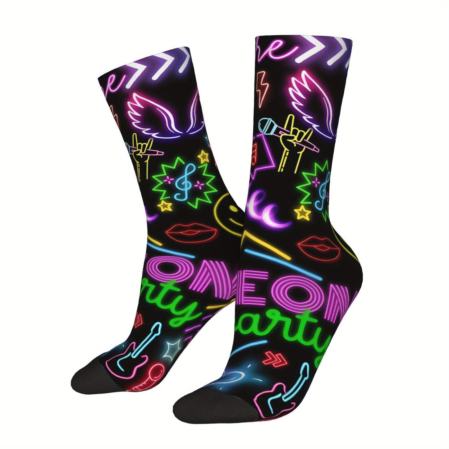 1 Pair Men'S Neon Style Compression Socks, Vintage Harajuku Hip Hop Novelty Pattern, Polyester & Elastane, Hand Wash or Dry Clean, Random Printed Crew Socks, Gift Idea