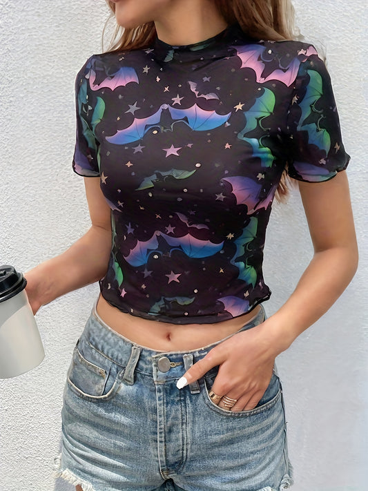 Stylish Bat Print T-Shirt Women's Short Sleeve Round Neck Blouse Spring/Summer New Versatile Women's Tee Sheer Mesh Crop Top No Underwear Included