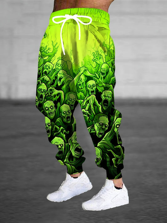 Men's 3D Zombie Horde Print Joggers - Neon Green Casual Pants with Drawstring Waist & Pockets, Full-Body Graphic Design, Regular Fit for Lounge, Gym, or Streetwear - Machine Washable, Jogging Pants, Adjustable Comfort Fit