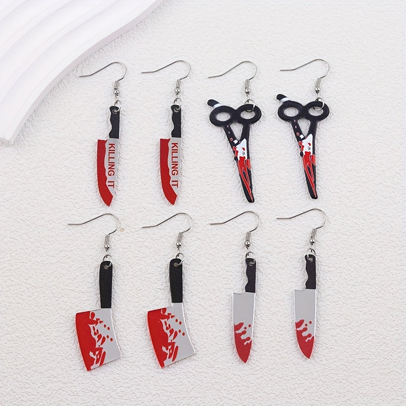 4 Pairs Halloween Blood Red Knife Earrings - Edgy Gothic Piercing looks, Lightweight Acrylic Statement Jewelry for Women, Halloween Party Costume Accessories, Everyday Goth Piercings - Gift for Horror Fans, Halloween Decorati