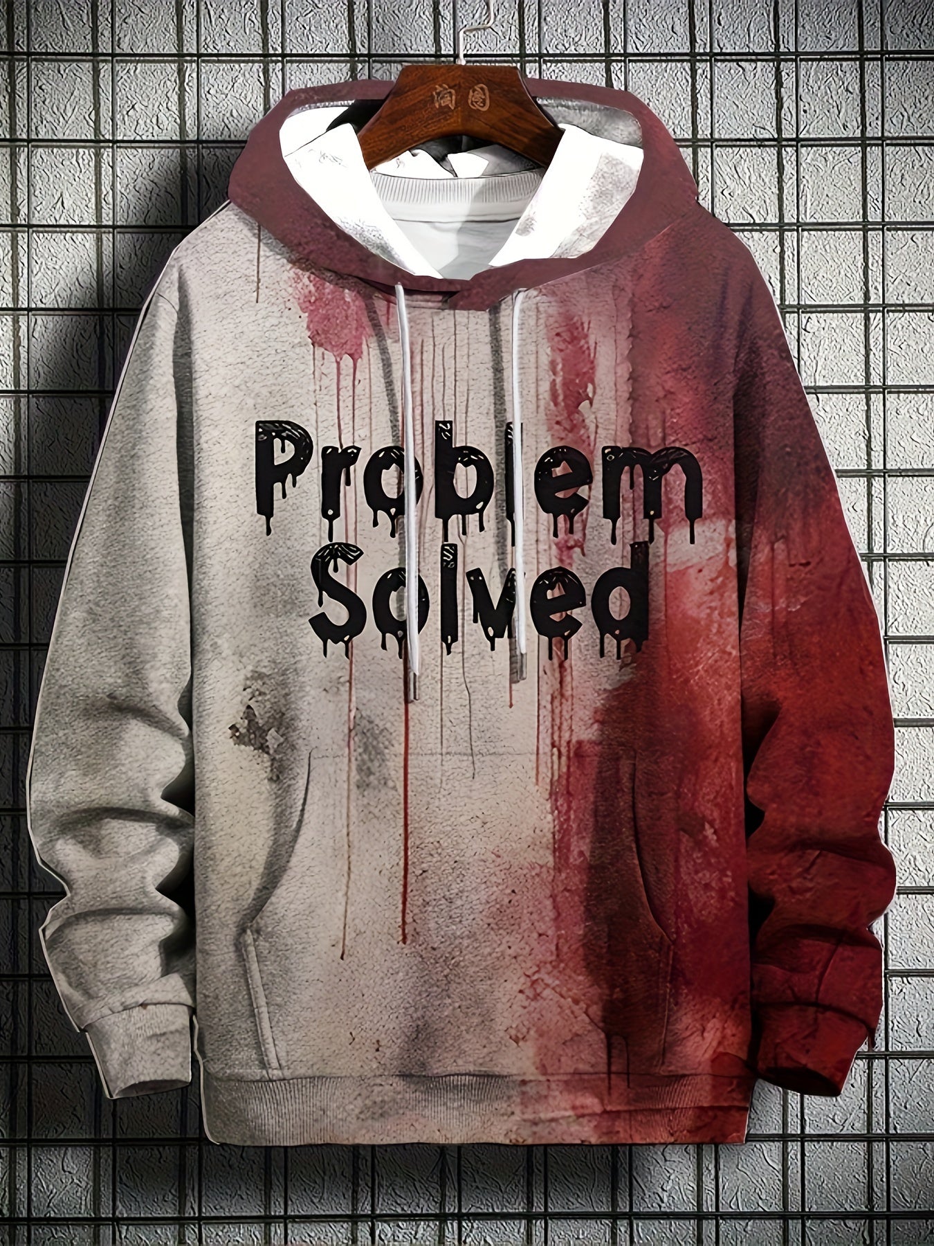 Men'S 3D Halloween Print Hoodie - "Problem Solved" Graphic, Red & Gray, Casual Streetwear with Drawstring Hood, Perfect Gift for Relatives, Siblings, or Friends, Halloween Clothes