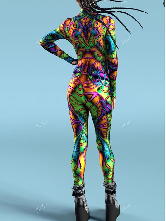 New European and American Style Women's Sexy Bodysuit with Floral Print, Long Sleeve Fabric for Performance Festivals - Wild Edition
