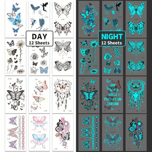 12 Sheets Luminous Glow in the Dark Temporary Tattoos - Waterproof Fake Tattoo Stickers with Butterfly & Floral Designs, Neon Blue Glow for Nightclub, Festival, Party Decoration, Festival Body Art | Mystical Design Elements |