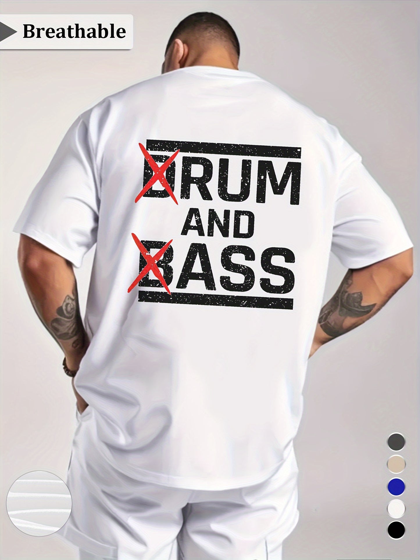 1pc Men'S Casual Crew Neck T-Shirt - Polyester Knit Fabric with Medium Stretch, Short Sleeve Print Top for Going Out, Summer Season - Regular Fit H Tee with "Drum & Bass" Slogan Design