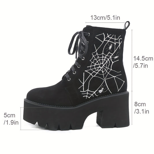 GDGYDH Women's Punk-Style Spiderweb Embroidered Ankle Boots with Chunky Heel, Lace-Up & Side Zipper - Comfortable All-Season Fashion Shoes