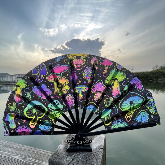 33.02cm UV Glow Carnival Folding Fan - Vibrant Neon Mushroom & Butterfly Design, Durable Plastic, Perfect for Parties, Festivals, and Gifts, Handheld & Button Operated, Festive Accessory | Glow Party Fan | Durable Plastic Fan