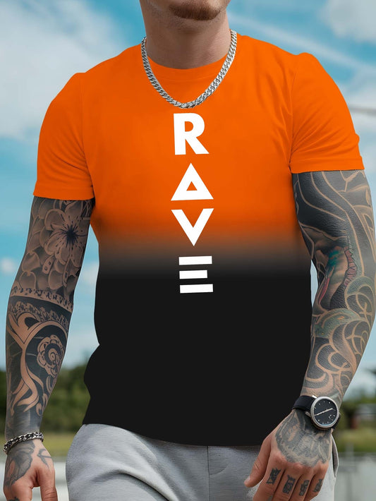 Men's Gradient Rave Graphic T-Shirt - Ice Silky Breathable, Quick-Dry, Round Neck, Short Sleeve, Casual Summer Tee in Vibrant Orange to Black Ombre Design