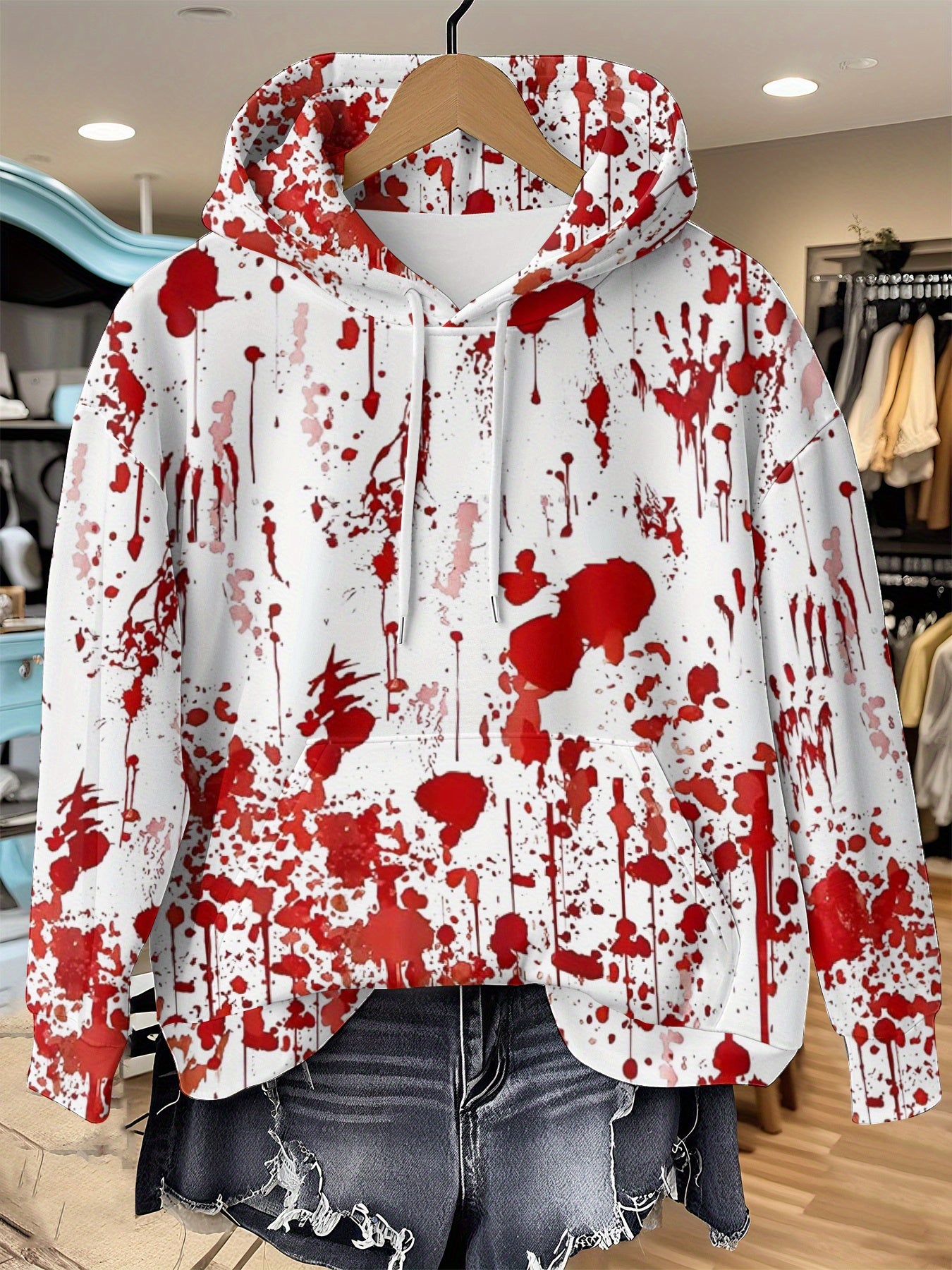Women'S Halloween Hoodie - Full-Body Blood Splatter Print Pullover Sweatshirt, Red & White Horror Party Outfit, Machine Washable Hooded Sweatshirt for Costume Events & Everyday Gothic Fashion, Halloween Clothes, Casual Wear,